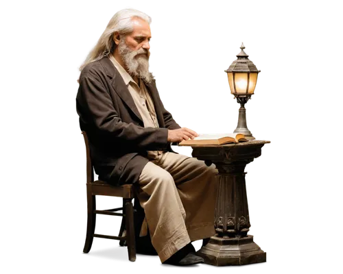 Illuminated ancient Greek philosopher, Enlightenment era, old man, white beard, long hair, wispy eyebrows, gentle facial expression, soft lighting, warm color tone, intricate stone pedestal, leather-b