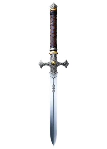 Swords clashing, metallic scraping sound, shiny steel blades, intricate designs on hilt, worn leather grip, dramatic sparks flying, slow-motion action, heroic pose, dynamic composition, high-contrast 