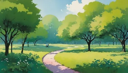 Illustration style, minimalism, delicate brushwork. A serene landscape painting in the style of Jiyoung Park, with a simple composition and several huge, rounded, shrubby trees in the background, stag