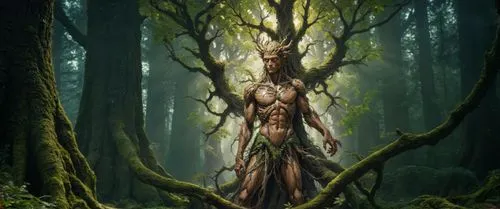 an image of a man surrounded by trees,treebeard,dryad,mirkwood,cernunnos,fangorn,dryads