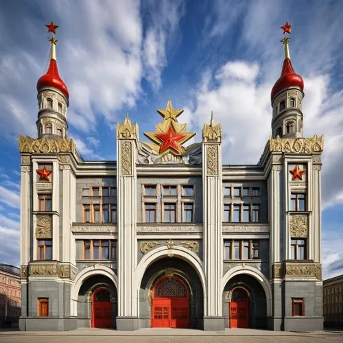 Soviet architecture, grandeur building, Moscow style, ornate decorations, intricate stonework, towering spires, red star symbol, hammer and sickle emblem, imposing columns, monumental entrance, granit