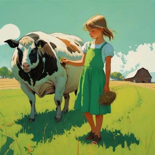 mother cow,farm girl,milkmaids,cow,oxen,holstein cow,Illustration,Paper based,Paper Based 19