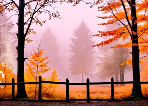 autumn background,autumn forest,autumn frame,autumn fog,autumn scenery,autumn landscape,fall landscape,wooden fence,autumn morning,autumn trees,autumn idyll,autumn day,autumn,round autumn frame,nature background,landscape background,fence posts,foggy forest,just autumn,autumn theme,Illustration,Japanese style,Japanese Style 21