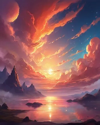 fantasy landscape,mountain sunrise,landscape background,eventide,coast sunset,epic sky,atmosphere sunrise sunrise,fantasy picture,incredible sunset over the lake,dusk background,daybreak,sunburst background,horizon,world digital painting,futuristic landscape,sunrise,sunrise in the skies,the horizon,sky,sunset,Illustration,Realistic Fantasy,Realistic Fantasy 01