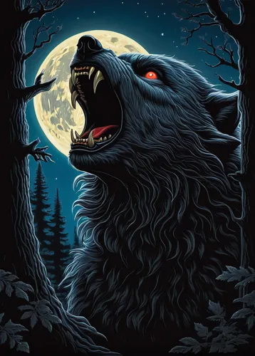 werewolves,werewolf,howling wolf,wolfman,nordic bear,ursa,bear guardian,wolf hunting,constellation wolf,howl,wolf,bear kamchatka,dog illustration,bear,full moon,red riding hood,great bear,wolves,black bears,halloween poster,Illustration,Retro,Retro 16