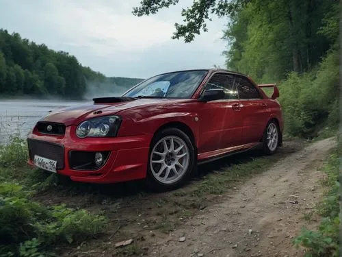 very dense forest on the river bank
,a red sports car sits on a shore next to water,sti,wrx,wrc,ralliart,impreza,ralliers