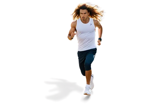 young adult, athletic male, running pose, Nike sportswear, sweatpants, sleeveless shirt, white shoes, dynamic movement, flowing hair, determined facial expression, muscular arms and legs, urban citysc