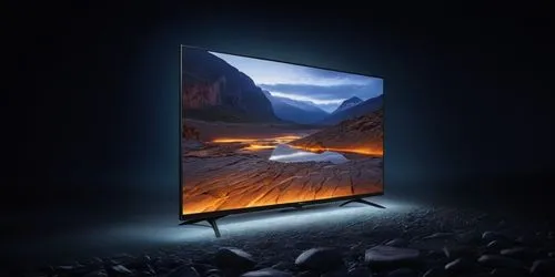 a philips tv with a dark light background cracked stone floor and mountain on the back,a widescreen tv sitting on a rocky hillside,plasma tv,oled,hdtv,powerglass,oleds,hdtvs,smart tv,television,tv,fla