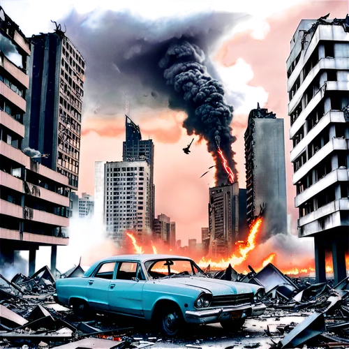 Apocalyptic landscape, ruins of city, destroyed skyscrapers, smoke and fire, dark clouds, lightning bolt, desolate atmosphere, abandoned vehicles, rubble and debris, broken statues, shattered glass, t