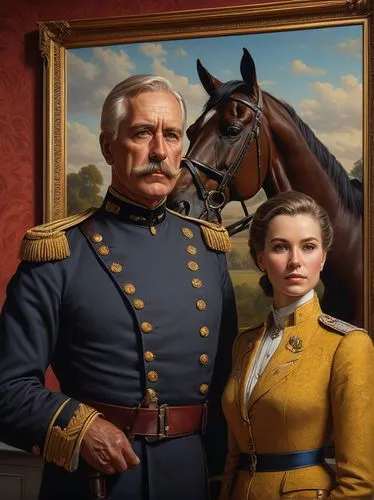 Count Karl stands at attention in front of the impressive equestrian portrait of his respectable African-born but Prussian girlfriend, Colonel-General Viktoria-Louise von Manteuffel.,the painting show