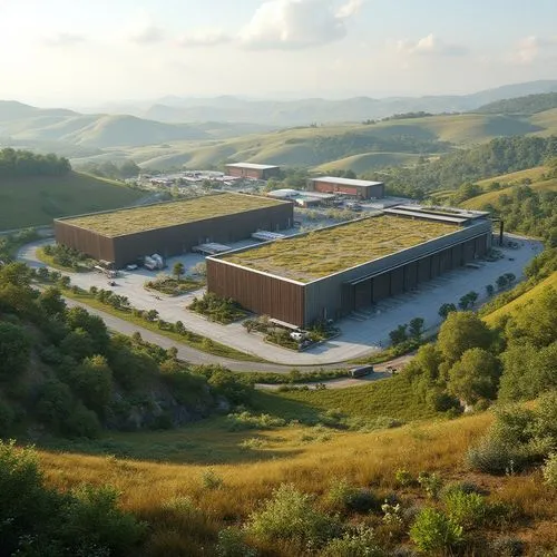 Rustic distribution center, natural landscape integration, rolling hills, green roofs, native plants, wildflowers, meandering walkways, weathered steel fa\u00e7ade, industrial chic architecture, large