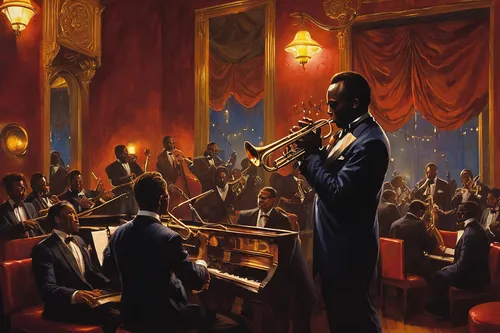 Describe a smoky jazz club where Miles Davis is performing,orchestra,philharmonic orchestra,trombone concert,symphony orchestra,orchesta,concertmaster,conductor,trumpet player,musicians,orchestral,orc