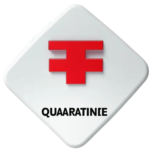 Quarantine logo, medical symbol, red cross, white background, bold font, 3D effect, metallic material, reflective surface, slight shadow, centered composition, high contrast, vivid color tone, futuris