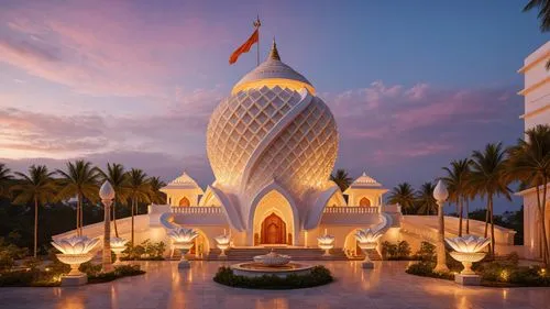 Conch shaped Hindu Temple design, Palatial, ornamental,a tall white building that has lots of palm trees in front of it,islamic architectural,sheikh zayed grand mosque,sheihk zayed mosque,sheikh zayed