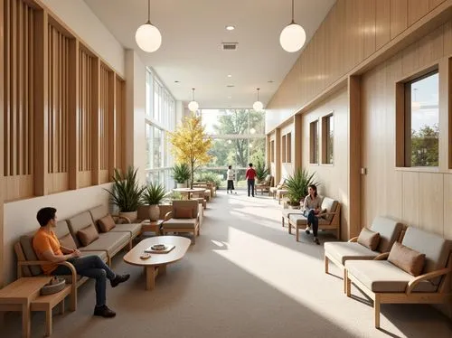 daylighting,seating area,cohousing,school design,hallway space,waiting room,therapy center,hospital ward,neutra,midcentury,renderings,langara,modern office,breezeway,mid century modern,bahru,ucsf,palo alto,collaboratory,holy spirit hospital