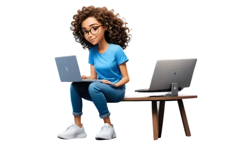 Desktop computer, screen displaying video downloader website, girl with glasses, curly brown hair, casual wear, blue t-shirt, jeans, sneakers, sitting, hands typing on keyboard, mouse nearby, backgrou