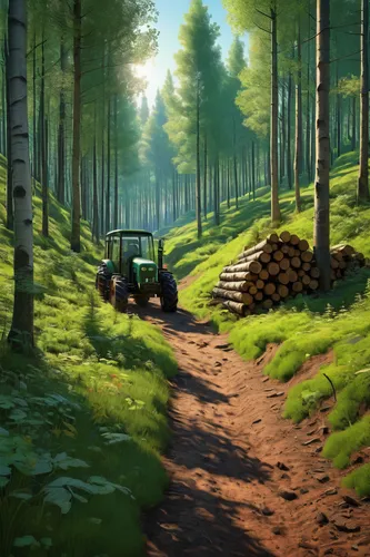 logging truck,forest road,log truck,logging,forest background,world digital painting,game illustration,forest path,forest workers,farmer in the woods,tractor,log cart,forest landscape,trail,rural landscape,mountain road,digital painting,coniferous forest,cartoon video game background,landscape background,Art,Artistic Painting,Artistic Painting 03