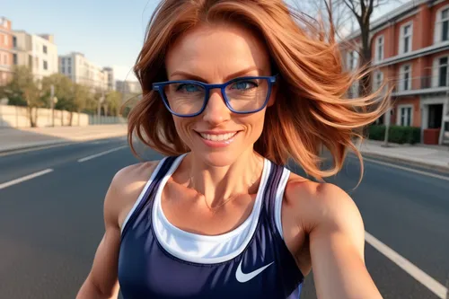  She is a very Caucasian runner woman and she is very, very, very beautiful and is 40 years old, mother, married, British style, with her beautiful intense and huge blue eyes and stylish glasses that 