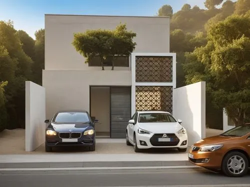 house two cars MODERN , in front street and in the background mountains and blue sky keep volumetry and materials and in windows with lights, WALL COLOR  BEIGE WARM AND WHITE,two cars parked in front 