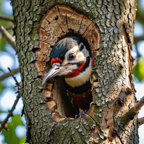 A woodpecker peeks out of its nest hole in the tree trunk, gazing at the outside world with innocent eyes. Using a long-distance camera, an extreme close-up shot is taken. Focus on the bird's head exp