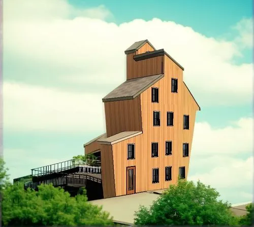 trees and sky,a building with windows sitting between some trees,grain elevator,grain plant,longaberger,flour mill,granary,grain storage