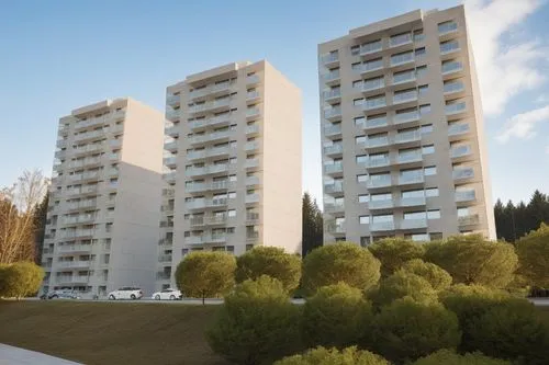 SET OF APARTMENT BUILDINGS WITH STREET AND CARS APPARENT FINISHES IN WARM WHITE CONCRETE, GLASS WITH REFLECTIONS FROM OTHER BUILDINGS, PINE TREES IN THE BACKGROUND OF THE BUILDING, GREAT QUALITY AND L