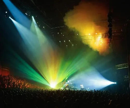 some bright lights are shining over a large crowd,sportpaleis,tavastia,houselights,gilmour,stage light,colored lights,Illustration,Realistic Fantasy,Realistic Fantasy 16