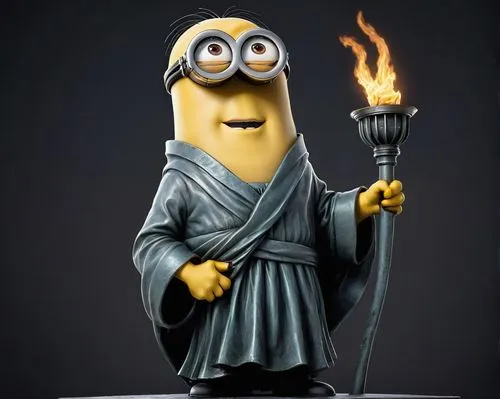 a minion imitates the iconic liberty statue, with a resolute gaze. His robe cascades in folds, one foot slightly advanced. His expression is steadfast yet welcoming, torch raised high. His focused eye