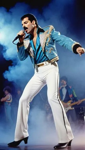 Freddie Mercury, iconic rockstar, 1980s hairstyle, curly blonde hair, messy pompadour, thick sideburns, mustache, bold eyebrows, bright blue eyes, glamorous makeup, sparkly costume jacket, tight white