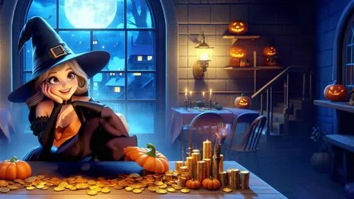 a girl dressed in halloween clothes sitting at a table full of gold coins,halloween background,halloween wallpaper,halloween witch,halloween banner,halloween scene,halloween poster