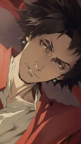 mugen from  Samurai Champloo. realistic portrait. shaggy young swordsman with a narrow face, an arrogant smile, very overgrown black hair, slanted evil eyes. In a red kimono,a male with short hair and