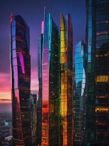 Futuristic diversity architecture, futuristic skyscraper, vibrant colors, abstract shapes, irregular edges, metallic materials, glass facade, LED lights, neon signs, cityscape, urban jungle, bustling 