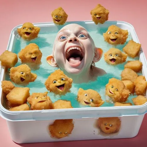  A box of chicken nuggets with happy funny gollum faces. One of the chicken nuggets is bathing in the dip. Text: "KITTEN NUGGETS",baby bathing,rubber ducks,milk bath,baby float,kiribath,zombie ice cre