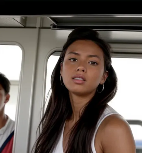 She is in the train car.  She wears white sneakers and a light summer dress.  The car is packed with people and looks blurry.,cassie,shone,elrick,jeepney,girl on the boat,ylonen,pinay,versaemerge,pang