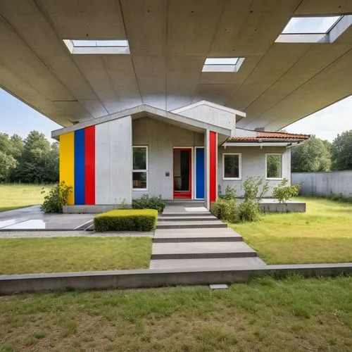 a house with colorful stripes painted on the outside of it,bauhaus,corbusier,rietveld,mid century house,mid century modern,corbu,Photography,General,Realistic