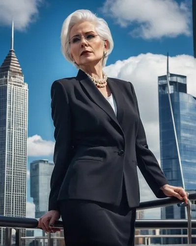 Sarah Whiting, mature lady, elegant pose, standing, white hair, subtle makeup, pearl necklace, black business suit, high heels, holding architectural model, modern skyscraper, glass and steel structur