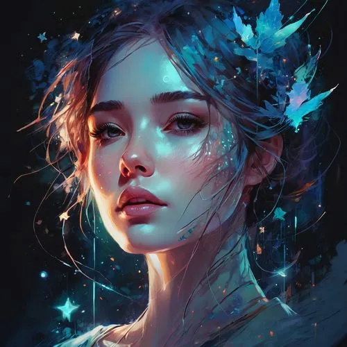 fantasy portrait,mystical portrait of a girl,fairie,digital painting,digital art,girl portrait,diwata,flora,digital illustration,kommuna,starry,maia,digital artwork,water nymph,diana,romantic portrait,falling stars,fairy peacock,elsa,fae,Conceptual Art,Fantasy,Fantasy 14