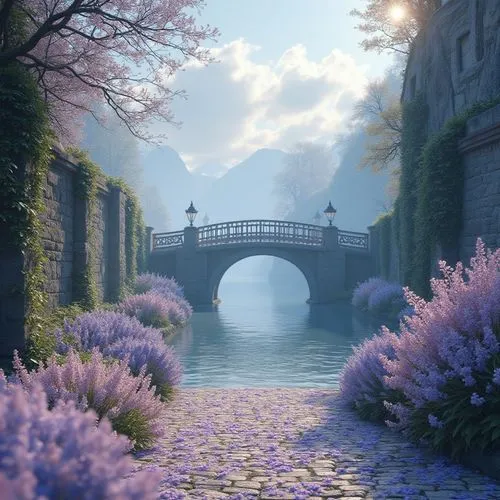 fantasy landscape,scenic bridge,viola bridge,angel bridge,dragon bridge,the mystical path,pathway,stone bridge,3d fantasy,fantasy picture,bridge,walkway,hangman's bridge,towpath,wooden bridge,beauty scene,virtual landscape,love bridge,rivendell,purple landscape,Photography,General,Realistic