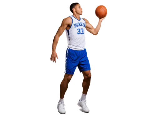 Muscular man, athletic build, basketball player, dynamic pose, jumping high, dunking, sweaty skin, short hair, serious facial expression, white jersey, blue shorts, sneakers, basketball in hand, spotl