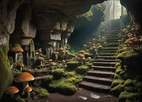 mushroom landscape,fairy village,caverns,mushroom island,fairy forest,caverna,grotte,rivendell,fairy world,fairy house,fairyland,elves country,caves,elven forest,moss landscape,nectan,grotto,cavern,enchanted forest,fairytale forest,Unique,Design,Knolling