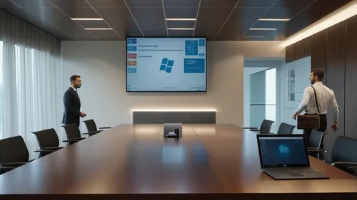 The image depicts two men standing in a boardroom, which is furnished with a large table and several chairs. A screen on the wall shows the Windows logo alongside several icons. There is a laptop on t