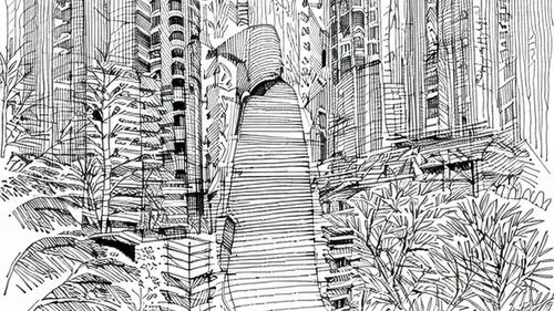 an illustration of cityscape with buildings and plants,bamboo plants,bamboo forest,fire escape,fernery,palm branches,rungs,Design Sketch,Design Sketch,None