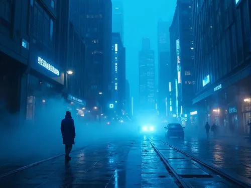 bladerunner,blue rain,nightstalkers,mist,the fog,noir,dense fog,vapor,enshrouded,eerie,nacht,fog,blue light,atmospheres,cyberpunk,blue hour,pedestrian,oscura,veil fog,bleu,Photography,General,Realistic