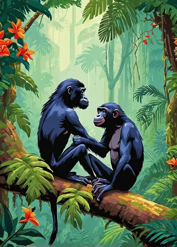 Set a romantic scene in a lush rainforest where two bonobos express their love for each other through gentle gestures and tender moments.,primates,great apes,tropical animals,bonobo,common chimpanzee,