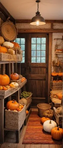 Cozy fall market interior, wooden tabloid stall, vintage lanterns hanging from above, warm orange lighting, autumn leaves scattered around, woven baskets filled with seasonal fruits and vegetables, ru