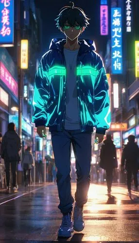 A cool looking anime man walking on night street wearing glass and oversized jacket, luminous glowing lighting adds a stunning lighting to the scene,  highly detailed, ultra-fine detailed, highly rend