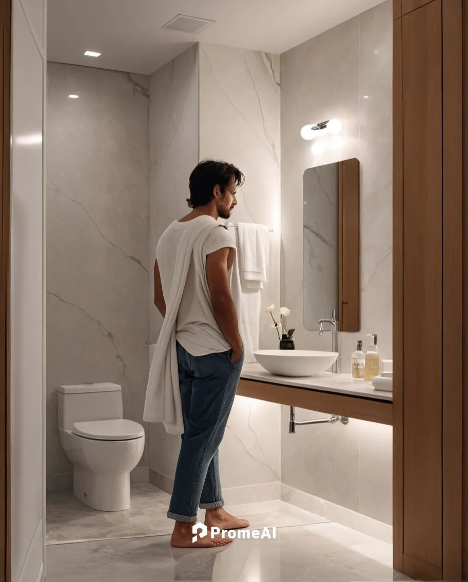 a man looking in a bathroom mirror at himself,engin,zohan,kukunoor,melendi,sayid,teodosic,Photography,General,Realistic