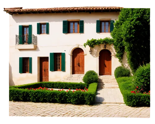 Italian villa, Mediterranean style, white stone walls, red terracotta roof, green shutters, ornate wooden doors, blooming flowers, vines crawling up walls, sunny afternoon, soft golden light, panorami