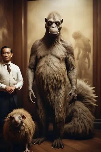 an indonesian man standing next to a giant Rat monster, in the style of contemporary vintage photography, necronomicon illustrations, tabletop photography, 1890, hyperrealistic animal portraits, ghost