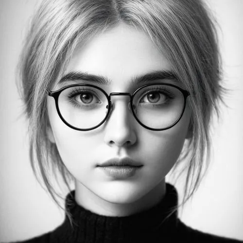 女生，黑白，眼镜，黑色毛衣,a woman wearing glasses and a turtle neck shirt,girl portrait,glasses,spectacles,with glasses,silver framed glasses,librarian,Illustration,Black and White,Black and White 13